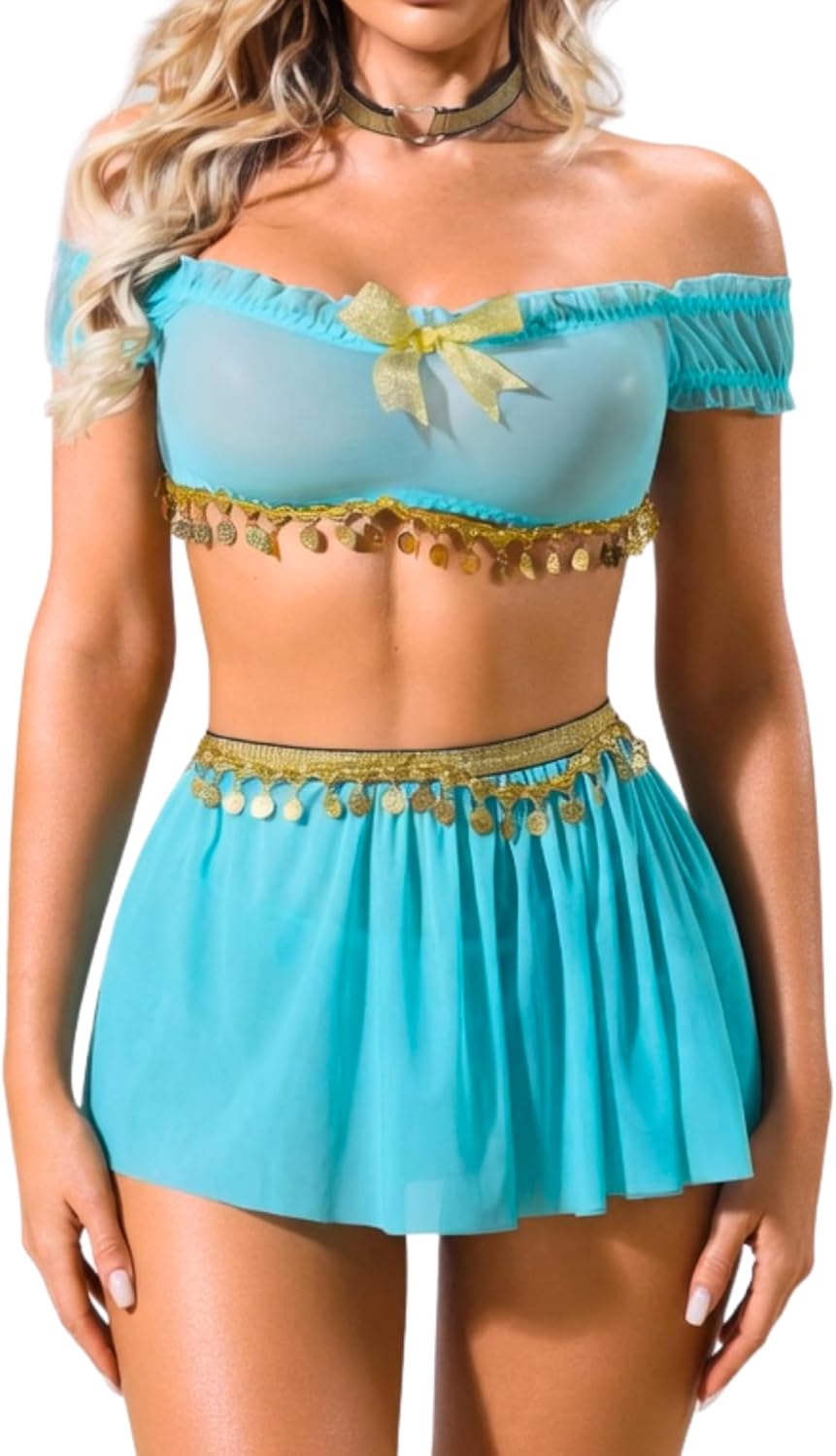 Teal Lingerie Set for Women – Off Shoulder Top with Coin Detail Skirt & Choker, Exotic Belly Dance Inspired