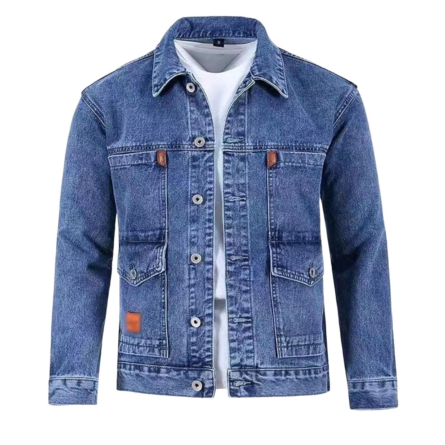 Jaqueta jeans masculina com vários bolsos, cor sólida, lapela, respirável, não irrita a pele