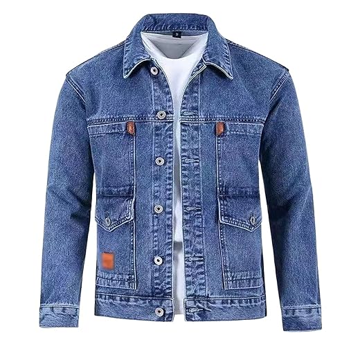 Jaqueta jeans masculina com vários bolsos, cor sólida, lapela, respirável, não irrita a pele
