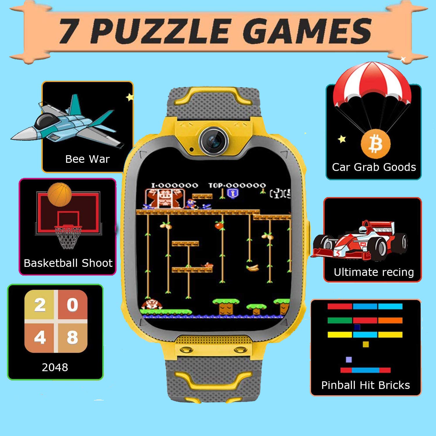 PTHTECHUS® Smartwatch für Kinder- Uhr Telefon für Mädchen Jungen mit Anruffunktion SOS Musik Playe Spiel Kamera Taschenlampen Wecker-Kids Smart Watch Student Telefonieren Geburtstag Geschenk Gelb