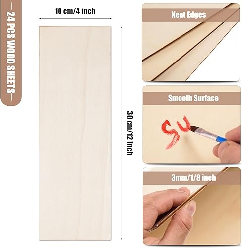 Miniatura 2 de 24 paquetes de hojas de madera de tilo para manualidades 12 x 4 x 18 pulg. - 3 mm de espesor Hoja de madera contrachapada sin terminar Hojas de