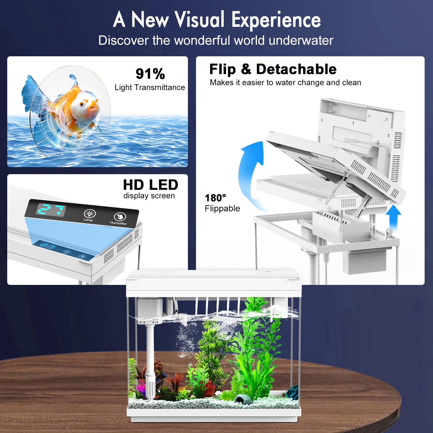 Aquarium intelligent avec pompe à eau silencieuse, petit aquarium de 8 litres avec kit de démarrage rapide, affichage de la température, humidificateur et lumières RVB, parfait pour la maison, le