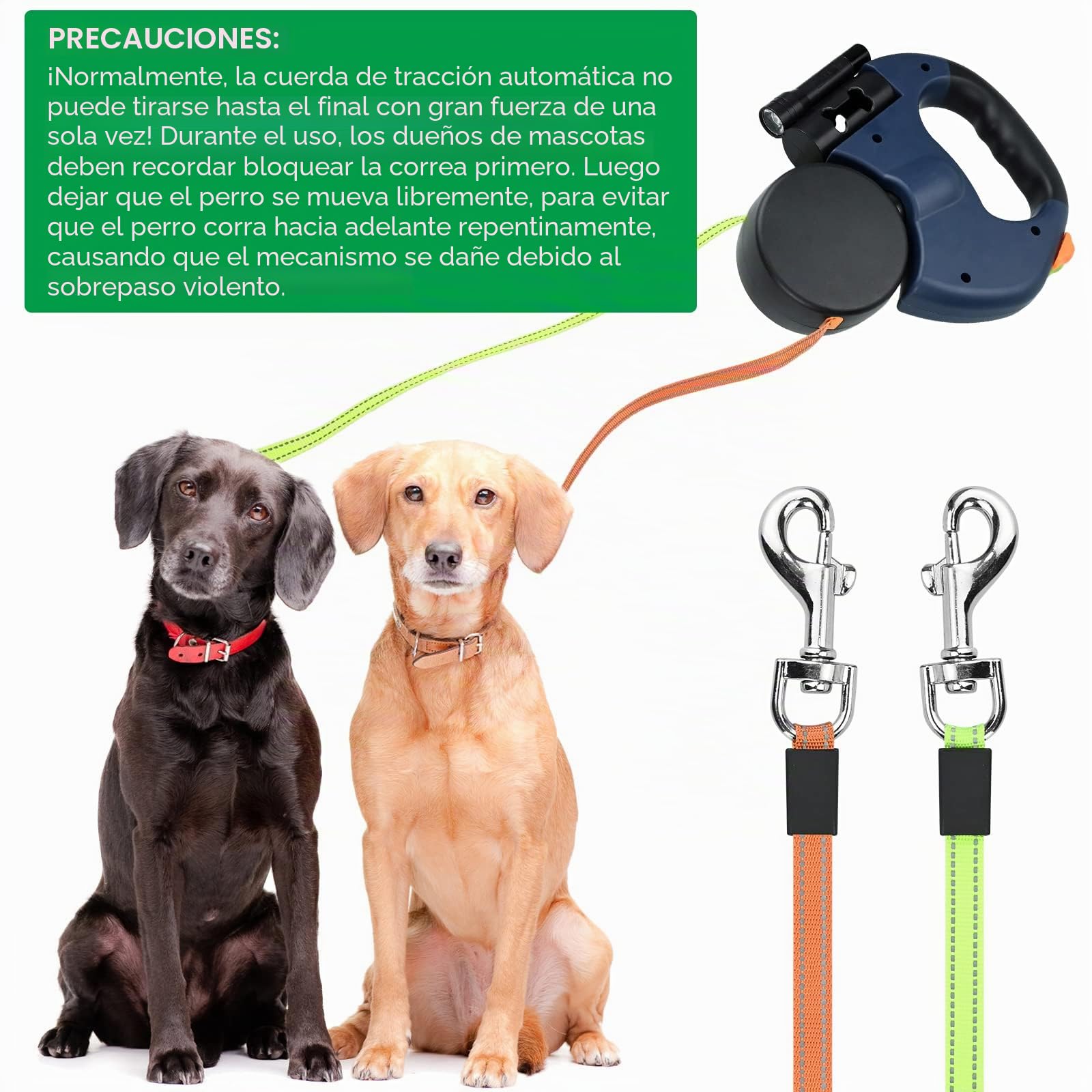 Correa retráctil doble para perro, reforzada y extensible con mango antideslizante, con luz LED y caja de basura para pasear a 2 perros, banda de nailon fuerte sin enredos de 360°, freno con una sola