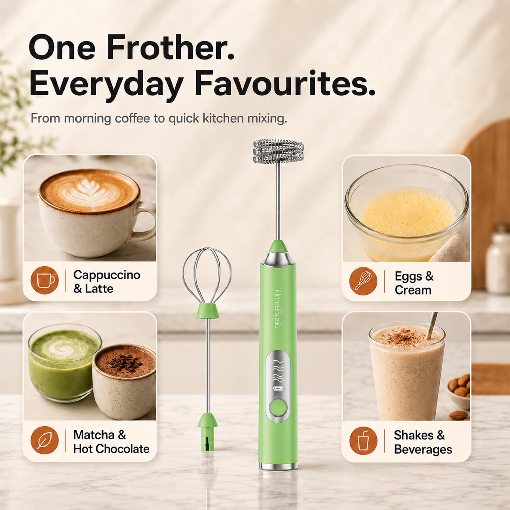 HOMEBASIC Milk Frother - 3 Speeds, Dual Whisks -2