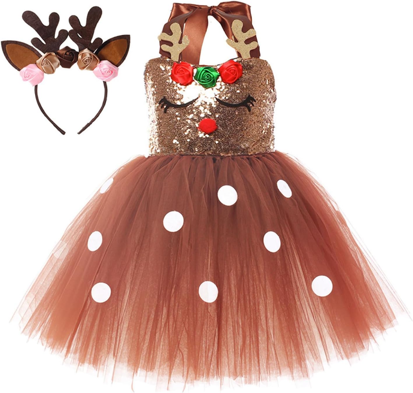 Kids Girls Christmas Dance Dress Sequins Shiny Mesh Tutu Dress with Deer Hair Hoop Reindeer Fancy Dress