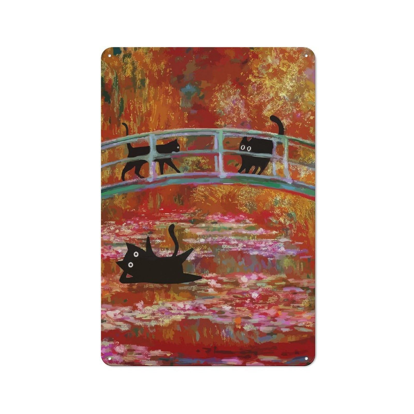 Junmoney Monet Cat Waterlilies Retro-Style Tin Wall Plaque 30X20cm For Living Room Wall, A Metal Wall Feature For Living Rooms And Feature Walls
