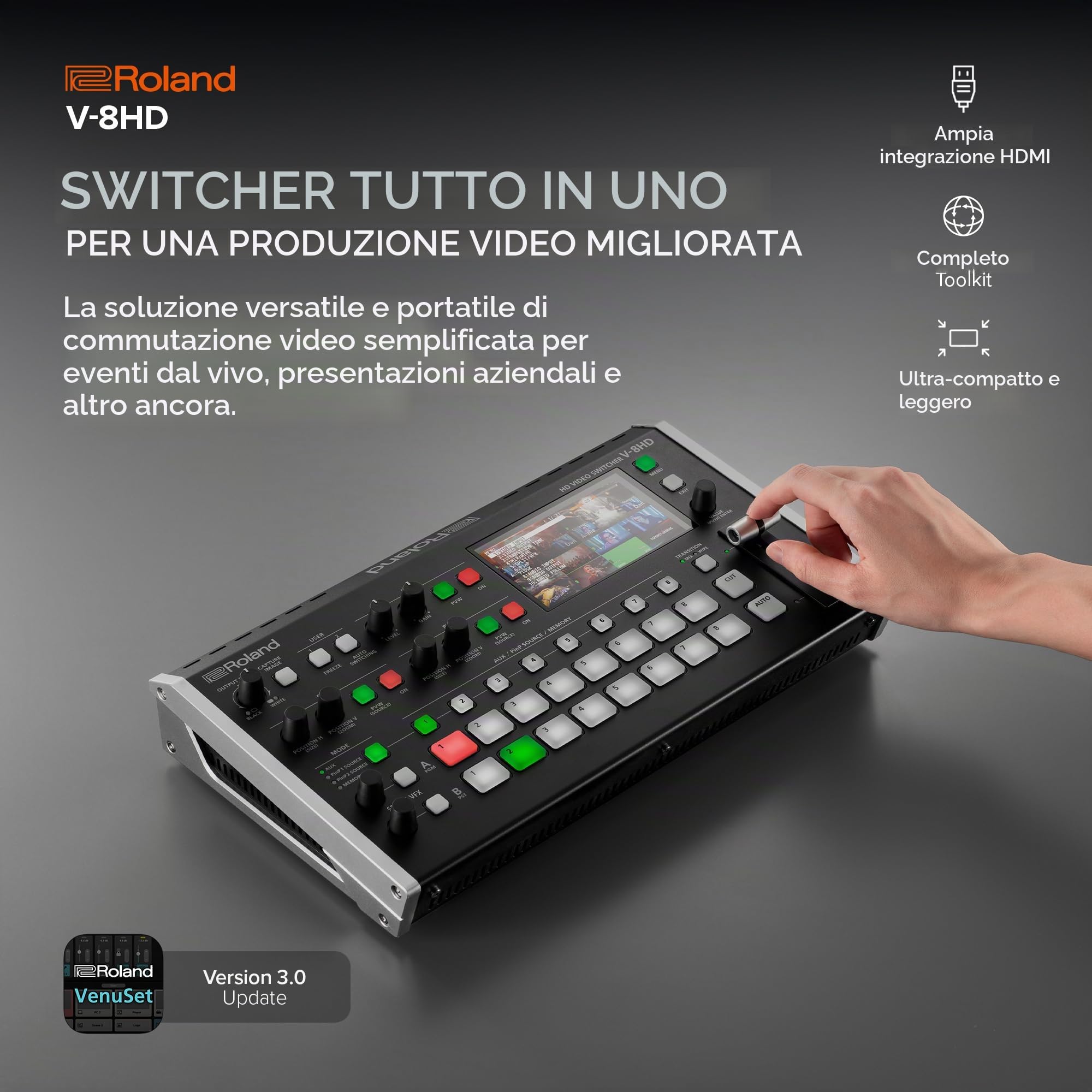 Roland V-8HD Video Switcher; Workflow HDMI, Ultra-portatile con monitor multi-view per la preview incorporato