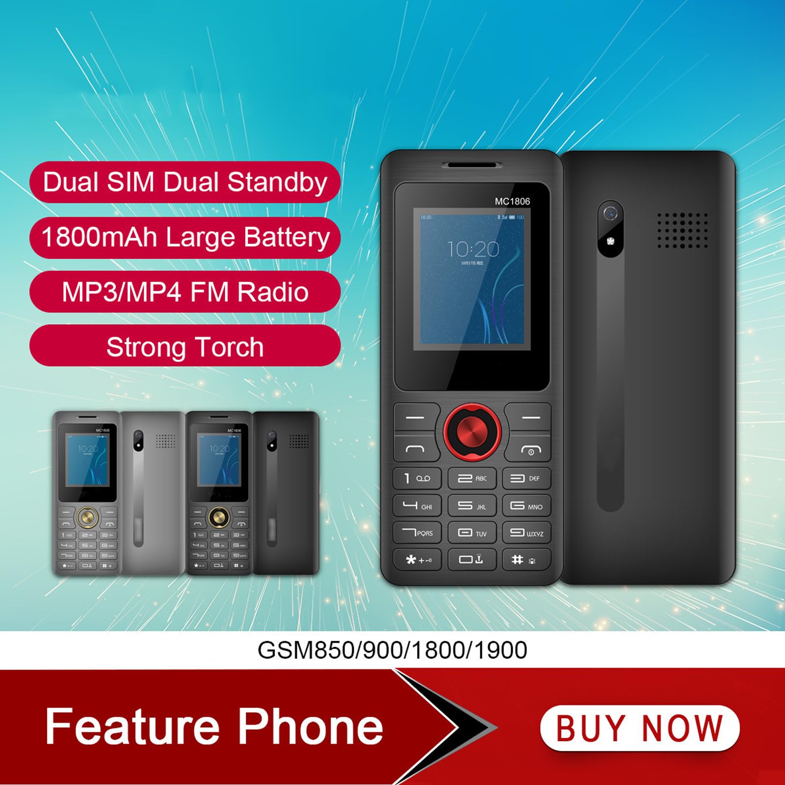 Podstawowy telefon komórkowy dla osób starszych, telefon komórkowy 2G z dużym przyciskiem, odblokowany, standard sygnału GSM, obsługa kart dual SIM + SD,Red