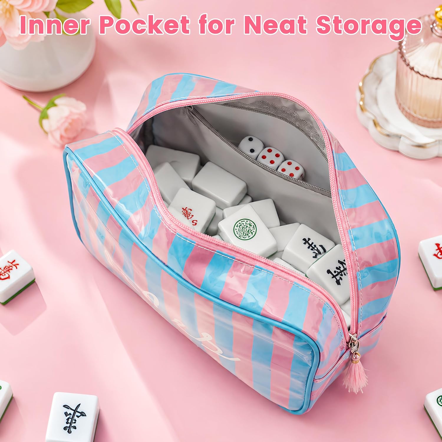 Mahjong Tile Bag, Blue Pink Striped Storage Pouch image 5