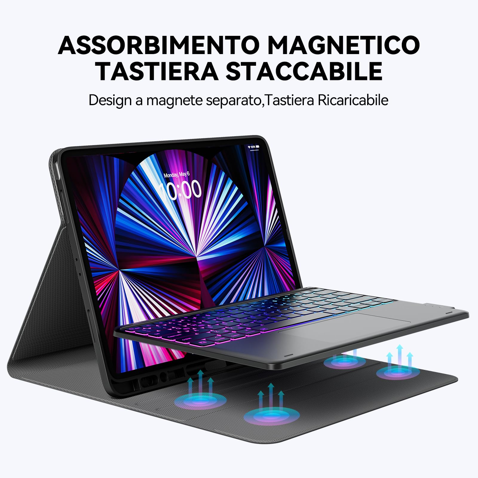 CHESONA Custodia con Tastiera iPad Air 13, 3 Zone 7 Colori Retroilluminate, Cover Tastiera per iPad Pro 12,9 con Trackpad, 2 Canali BT, Magnético Tastiera per iPad Pro 12,9 (6a/5a/4a/3a Gen), Nero