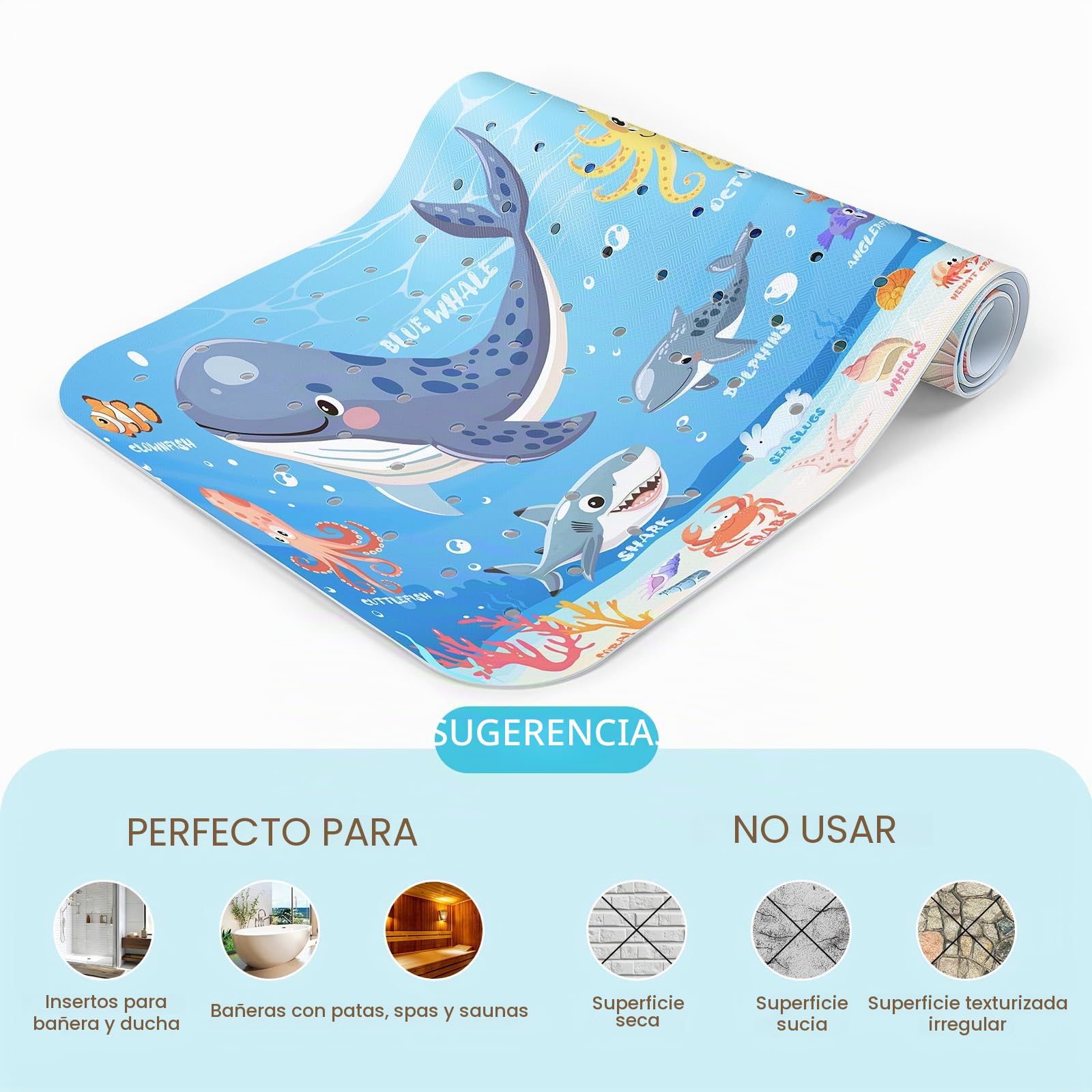 SHUCHING Alfombra Bañera Antideslizante Infantil, Alfombrilla Antideslizante Ducha Niños, Resistente al Moho y Lavable a Máquina Sin BPA, Animales Marinos