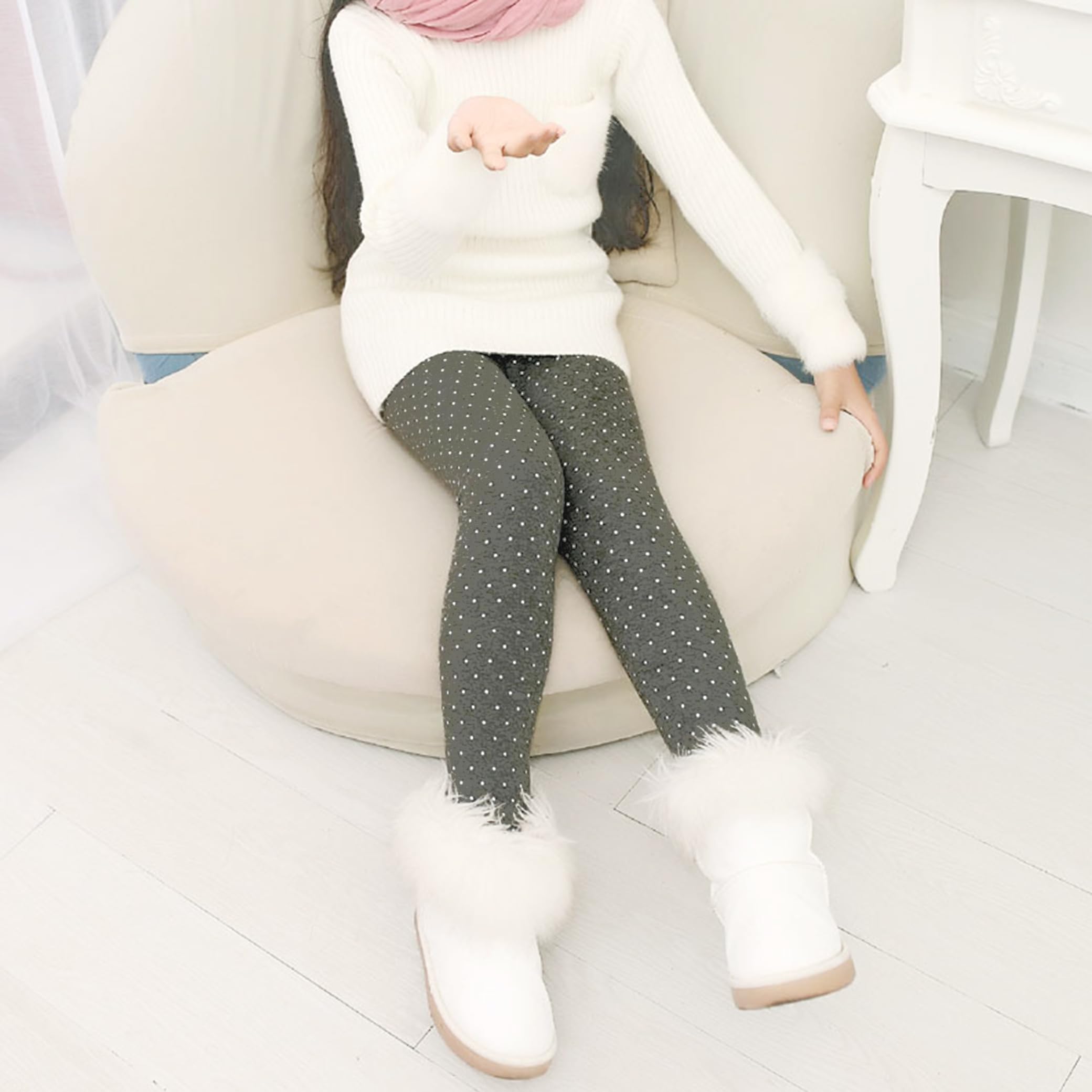 Kiench Leggings da ragazza foderati a pois stampati pantaloni invernali cotone confezione da 2