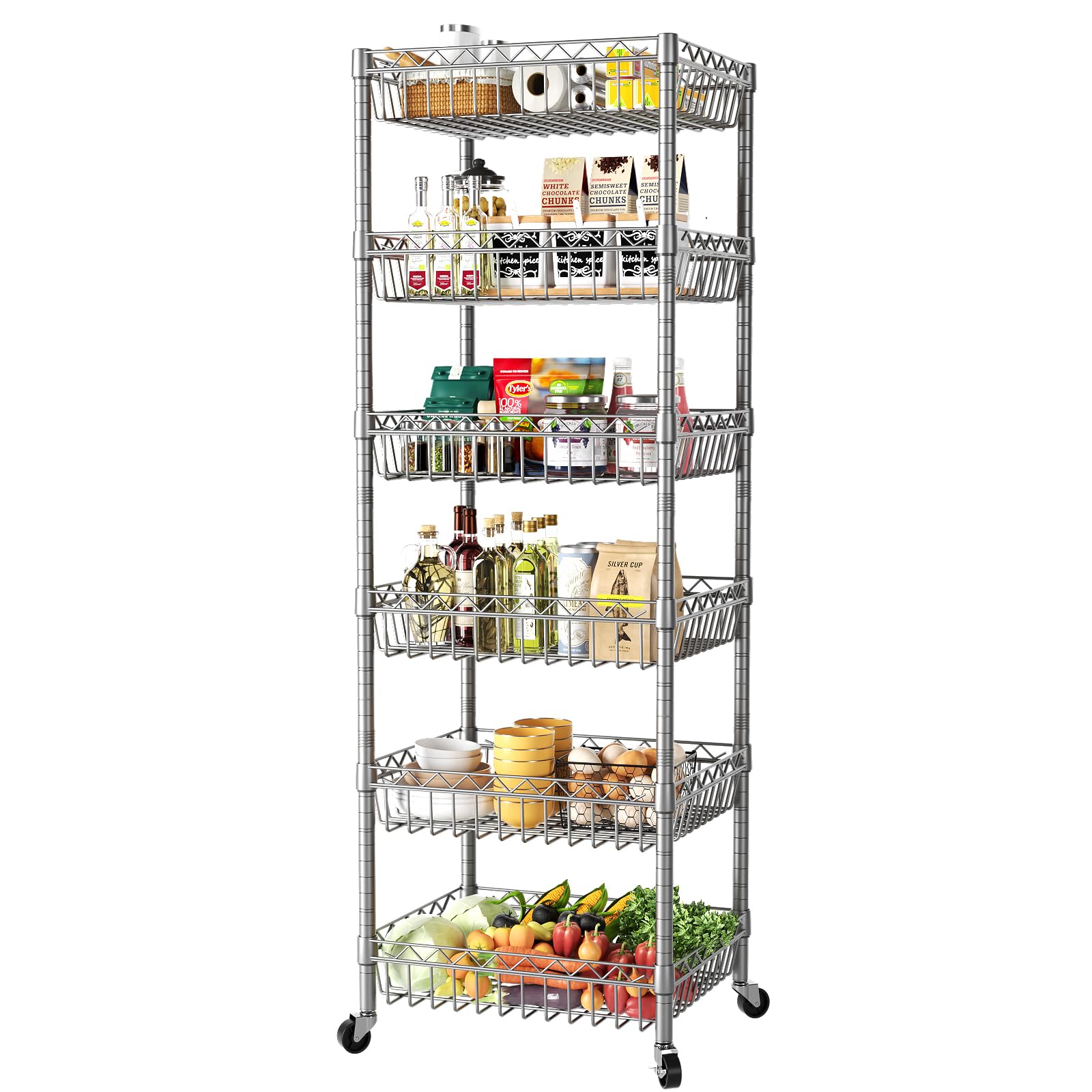 SINGAYE Estantería de almacenamiento ajustable de 6 niveles, unidades de pie con ruedas, organizadores de estantería de alambre, despensa de metal, cocina, lavandería, 34.3 cm de profundidad x 34.3 cm