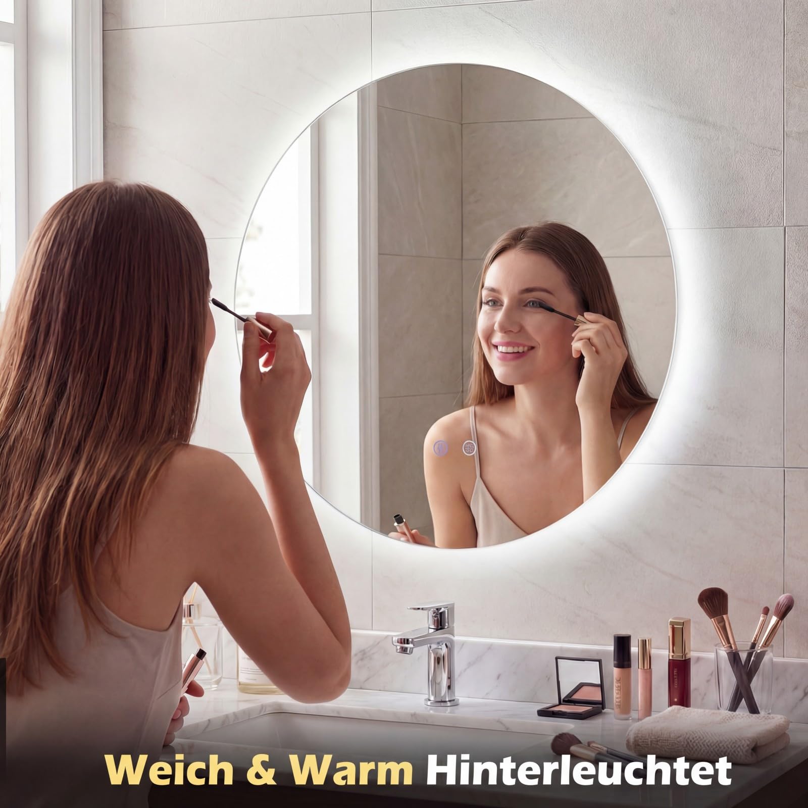 COSTWAY Spiegel mit Beleuchtung, runder Badezimmerspiegel aus gehärtetem Glas mit Speicherfunktion & Beschlagfrei-Design, Badspiegel mit Hintergrundbeleuchtung, Smart Touch, für Badezimmer (60 cm)