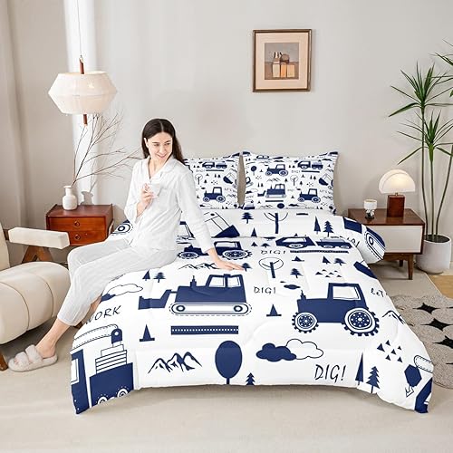 Miniatura 5 de Juego de ropa de cama de construcción, tamaño matrimonial, juego de edredón de camiones para niños y niñas, decoración de caricaturas, automóvil,