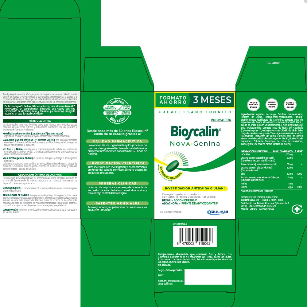 Bioscalin - NOVA·Genina 90 Comprimidos - Tratamiento para Fuerza, Volumen y Brillo Capilar - Con Zinc, Biotina y Tecnología de Liberación Gradual - Suministro para 3 Meses Completos