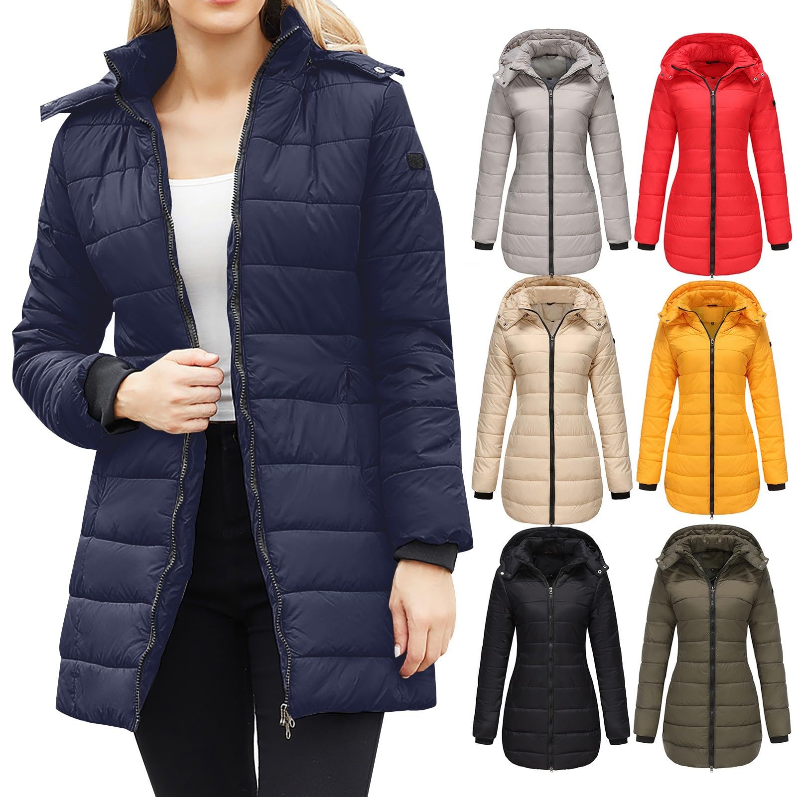 Piumino da donna, leggero, trapuntato, leggero, trapuntato, lungo, con cappuccio, invernale, caldo, piumone, grande dimensione, invernale, con chiusura lampo