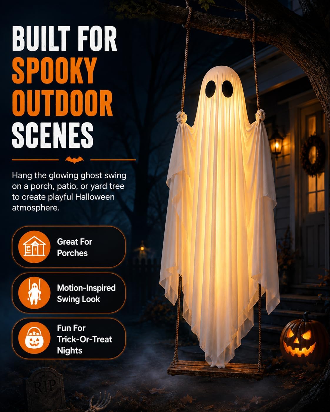 Swinging Ghost Halloween Decorations Outdoor Decor Animatronics Tree Size Lighted Swing with Glowing Pumpkin Horror Features a Large with Bat 5 Ft Hanging Swin Ceiling with Chilling (1) image 4