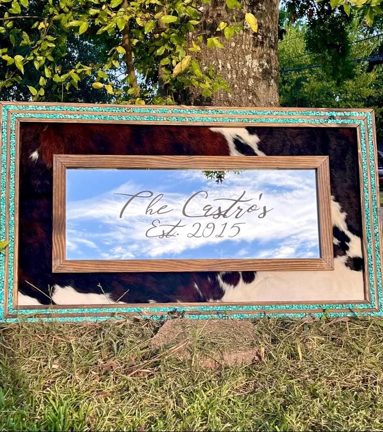 Western Cowhide Wall Mirror with Turquoise Crystal Frame, Personalized Farmhouse Decor Western Wedding