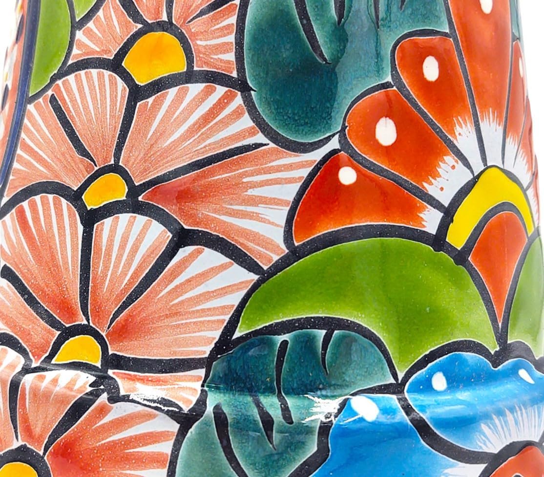 Cactus Canyon Ceramics MACETA GRANJA Mexican Talavera Planter Pot (9" W x 9" L x 6.5" H) Hand Painted - RED Trim - Mexican Decor Planter