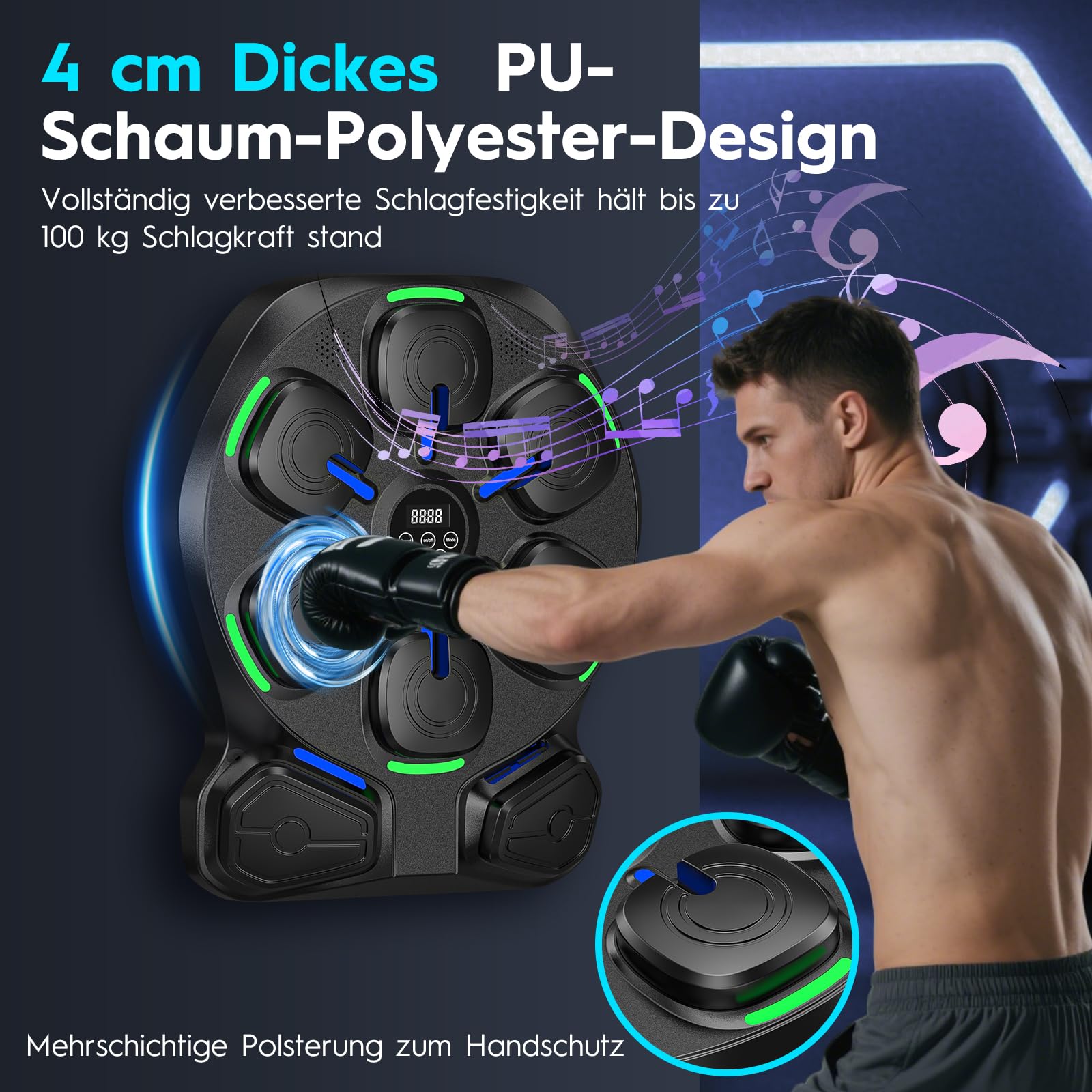 Music Boxing Machine mit LED, Bluetooth, 9 Geschwindigkeiten & Zählmodus | Elektronische Musik-Boxmaschine für Kinder & Erwachsene, interaktiver Boxtrainer für Training zu Hause & im Fitnessstudio
