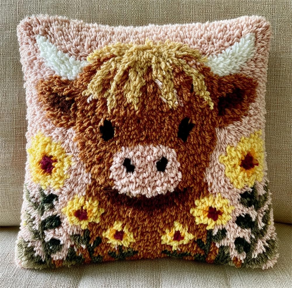 kitphoenix Latch Hook Cushion Kit -Highland Cow and Flowers