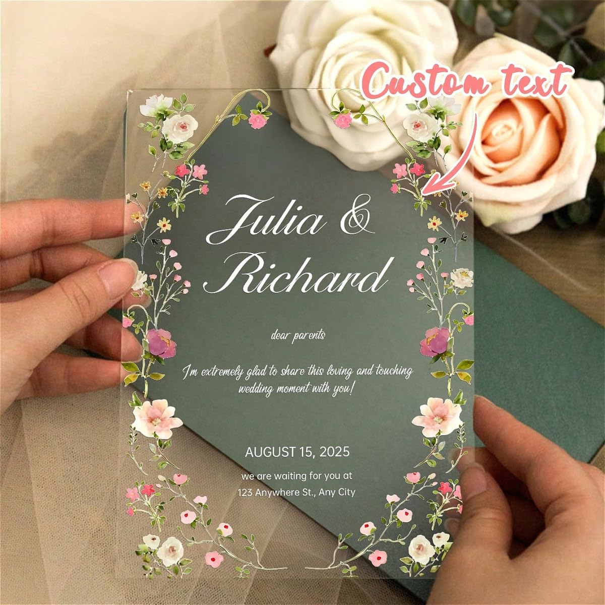 Placa de invitación de boda de acrílico personalizada para invitación de boda, decoración impresa de acrílico para invitaciones de boda (10 unidades)