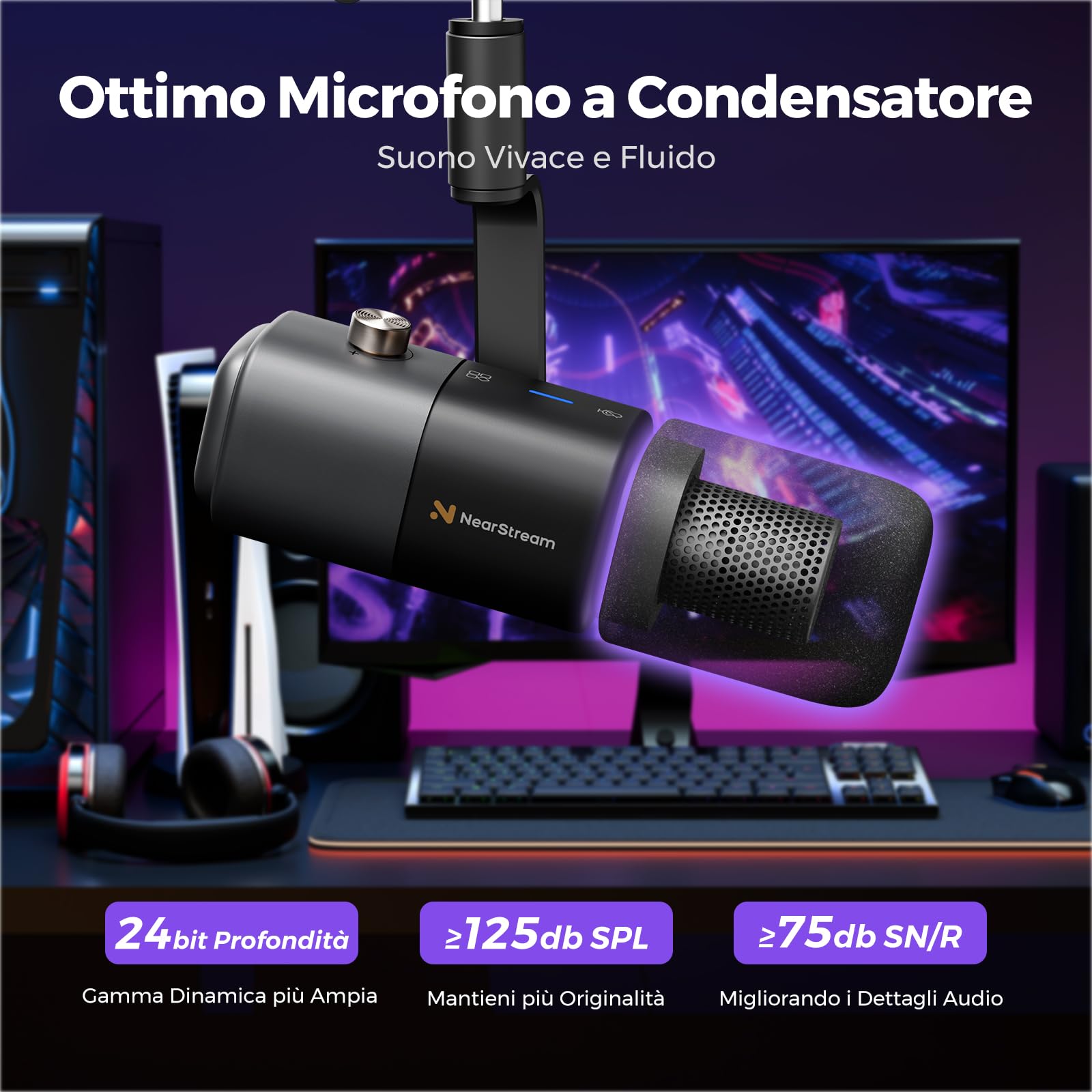NearStream AM20X Microfono USB/XLR a Condensatore Supercardioide, Compatibile con Mac, PC, PS4/PS5, Audio Mixer, Interfaccia Audio, con Mute, Guadagno Audio, Riduzione del Rumore e Monitoraggio Audio