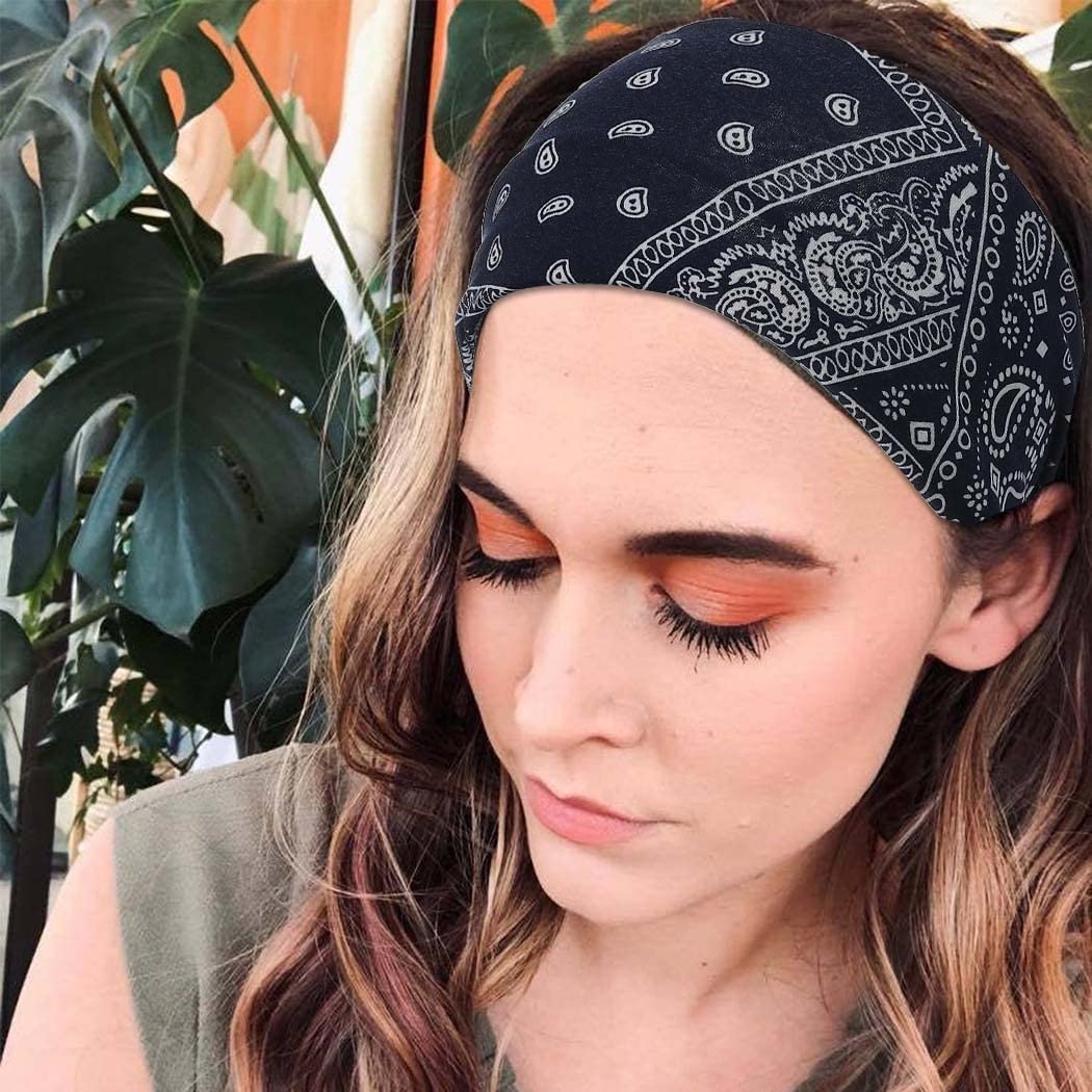 Boho szerokie opaski na głowę czarny nadruk chusty na głowę turban joga opaski przeciwpotne do włosów elastyczne kwiatowe rozciągliwe owijki na głowę tkanina opaski do włosów dla kobiet i