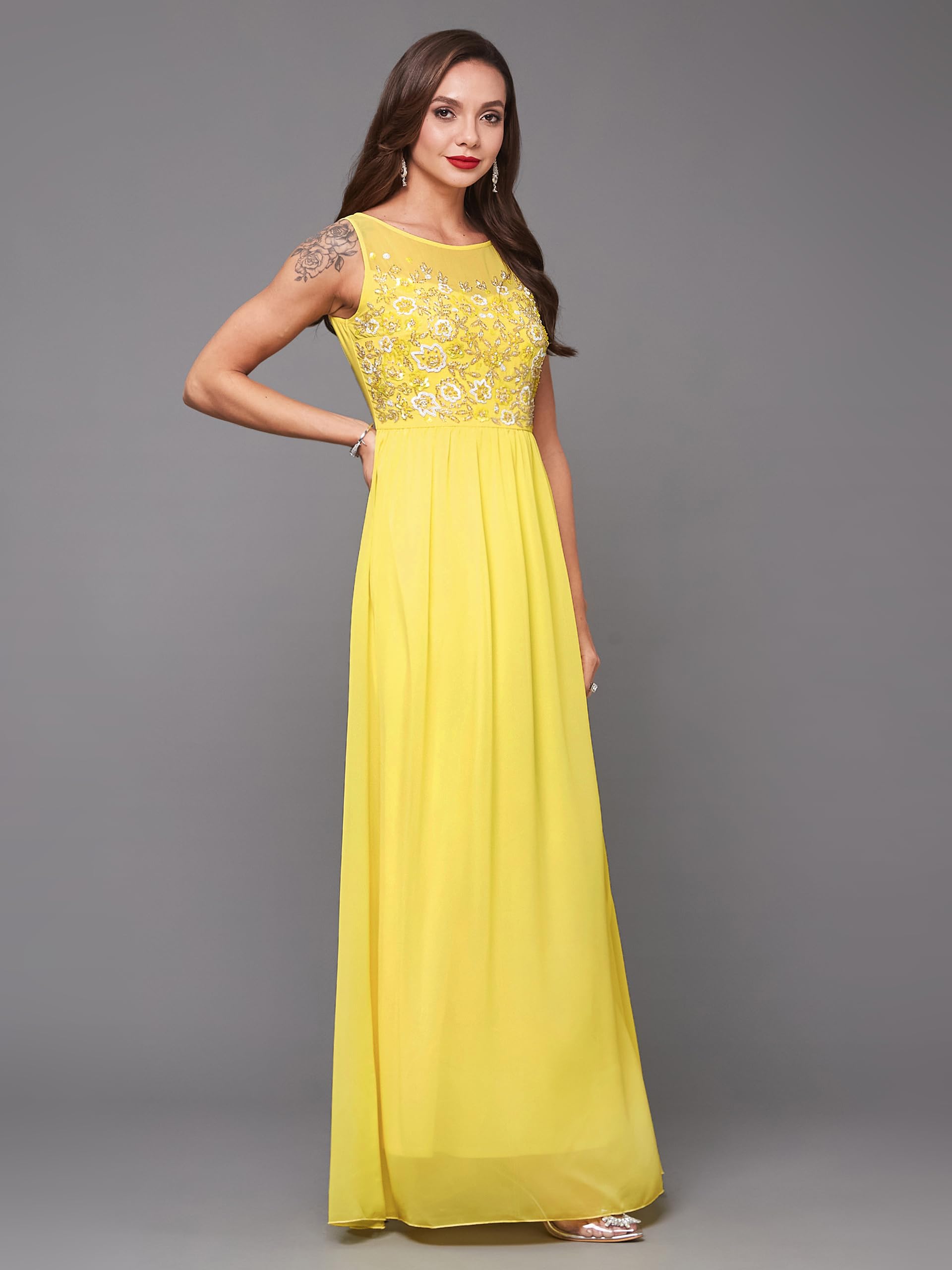 Miss Chase Women's Boat Neck Sleeveless Embroidered Georgette Maxi Dress (Plus Size) (Mcaw19D08-45-304-03, Light Yellow, S)