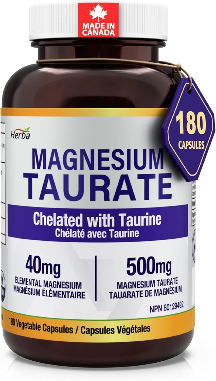 Herba Magnesium Taurate Supplement 500mg – 180 Capsules | Made in Canada | Chelated with Taurine for Bioavailability | 40mg of Elemental Magnesium Per Capsules