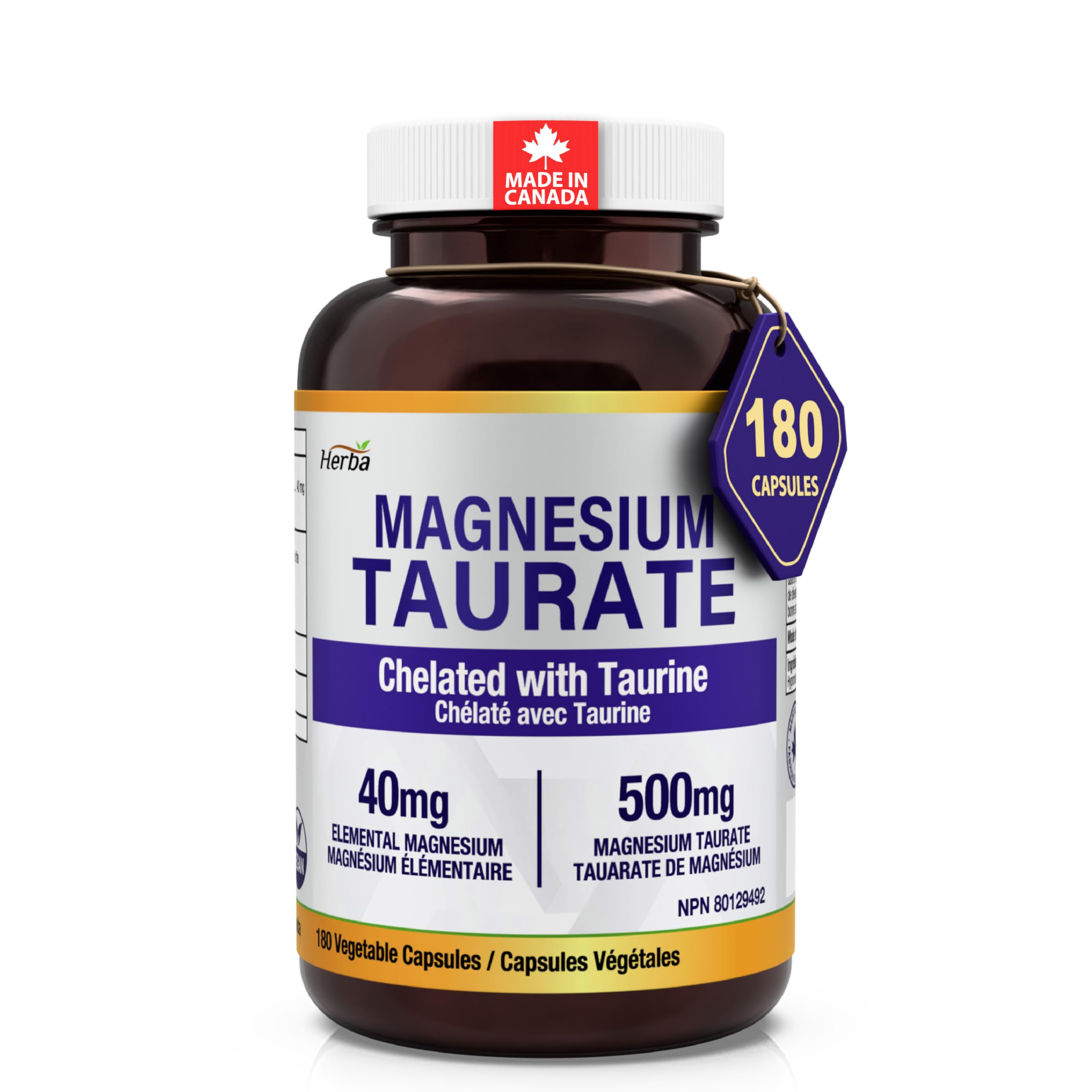 Herba Magnesium Taurate Supplement 500mg – 180 Capsules | Made in Canada | Chelated with Taurine for Bioavailability | 40mg of Elemental Magnesium Per Capsules