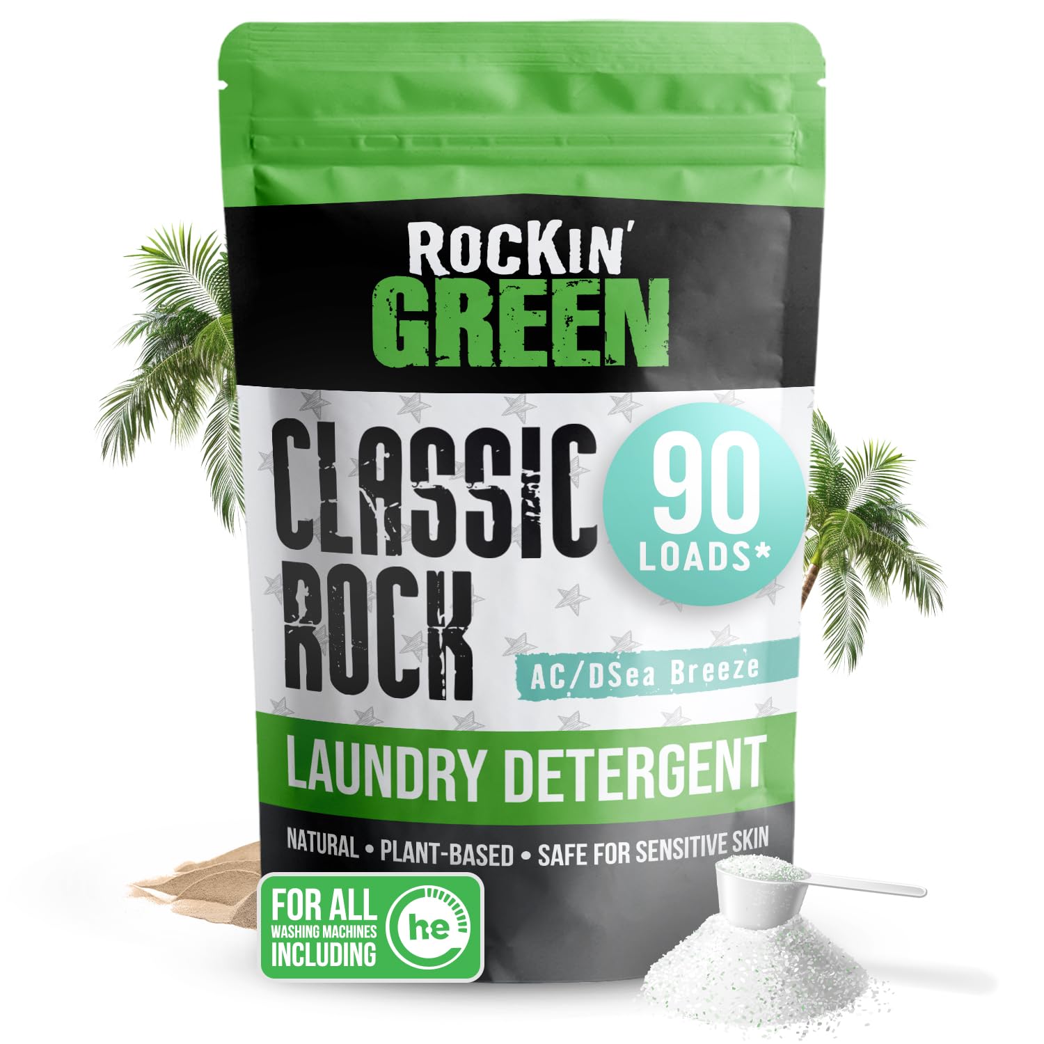 Rockin' Green Classic Rock Laundry Detergent (90 Loads), Plant based, All Natural Laundry Detergent Powder, Vegan and Biodegradable Odor Fighter, Safe for Sensitive Skin, 45 oz (AC/DSea Breeze)