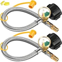 RV Propane Hose with Gauge 2 Pack-Stainless Steel Braided LP Tank Hose for Standard Two-Stage Regulator 1/4" Male NPT to QCC1 Fittings 350PSI - CSA Certified for Camper Grill 15 inch rv propane hose | 2-Pack Steel RV Propane Hoses w/Gauge, NPT & QCC1, 350PS