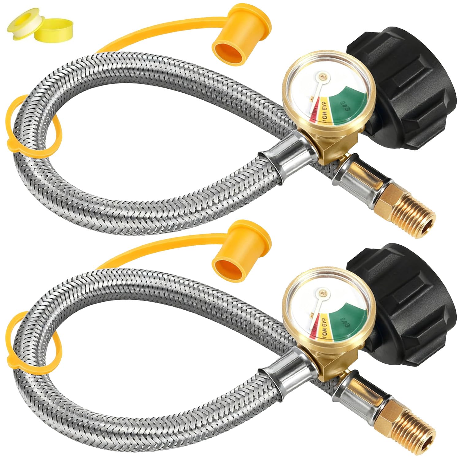 Photo 1 of 18 Inch RV Propane Hose with Gauge, 2 Pack-Stainless Steel Braided LP Tank Hose for Standard Two-Stage Regulator, 1/4" Male NPT to QCC1 Fittings, 350PSI - CSA Certified for Camper, Grill & Outdoor Use