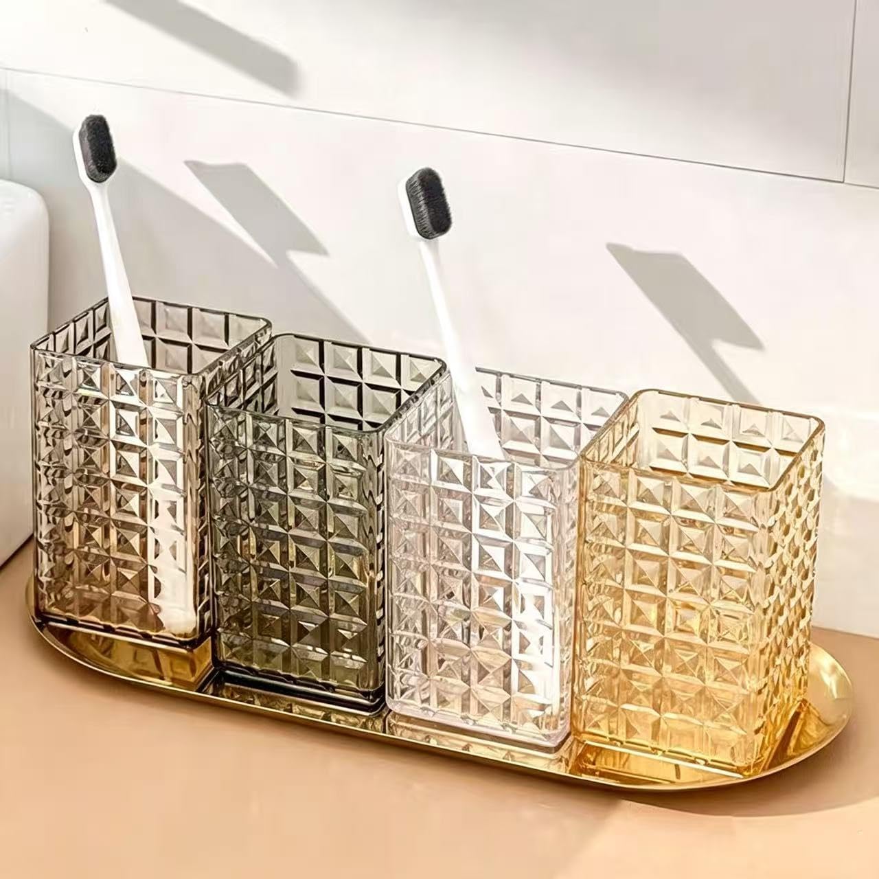 Acrylic Toothbrush Holder, Clear Diamond Faceted Bathroom Cup (Light Amber)