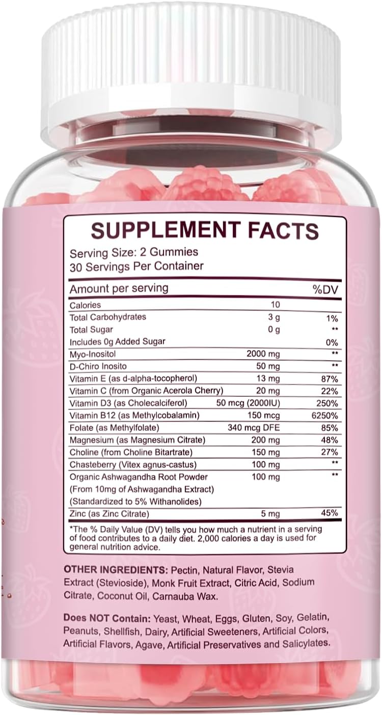 Myo-Inositol & D-Chiro Inositol Gummies Supplement for Women 2000mg + 50mg Ideal 40:1 Ratio with Magnesium and Vitamin D3 for Female Hormone Balance & Wellness, Vegan, Gelatin-Free, 60 Gummies