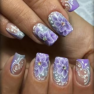 24Pcs Spring Flower Press on Nails Medium Square Nails French Tip Fake Nails with Rhinestones Grey Purple Flowers False Nails Full Cover Glue on Nails Summer French Acrylic Nails for Women Girls