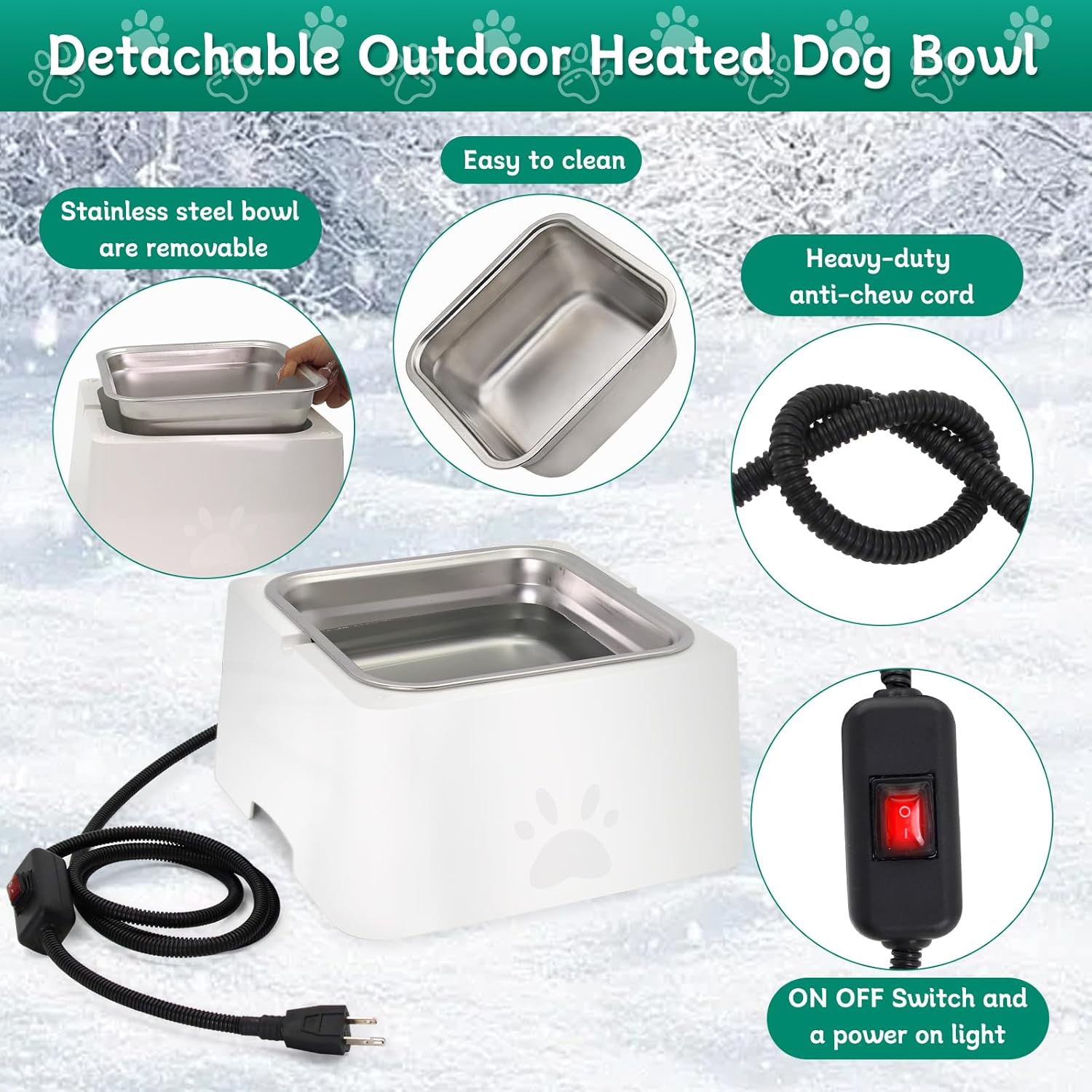 Large Heated Water Bowl for Outdoor Dog & Cat, Outside Animal Waterer With Removable Stainless Bowl, No Freeze Pet Dish for Rabbit, Chicken, Poultry, Squirrel