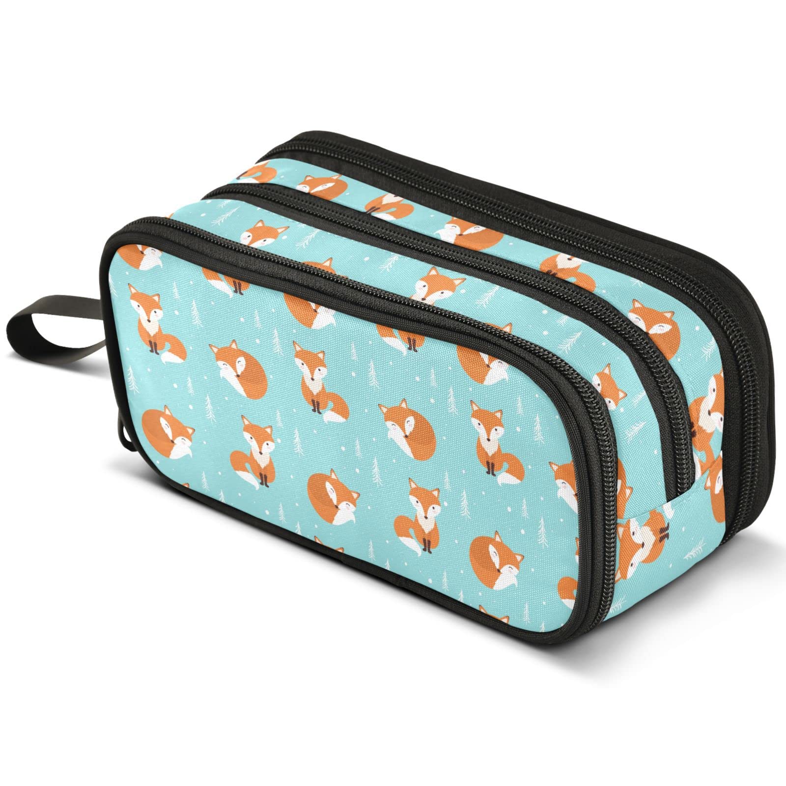 Mnsruu Christmas Tree Fox Pencil Case Large Capacity Pen Pouch Pencil Bag with 3 Compartments Pen Holder Organizer Stationery Bag for Girls Boys and Adults