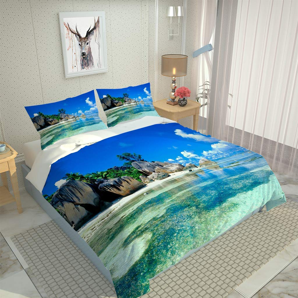 Housse de Couette 240x260 cm Parure de Lit 3D Imprimé Beau Paysage de Bord de mer avec Fermeture Éclair Microfibre Parure Housse Couette avec 2 Taie d'oreiller 65x65 cm