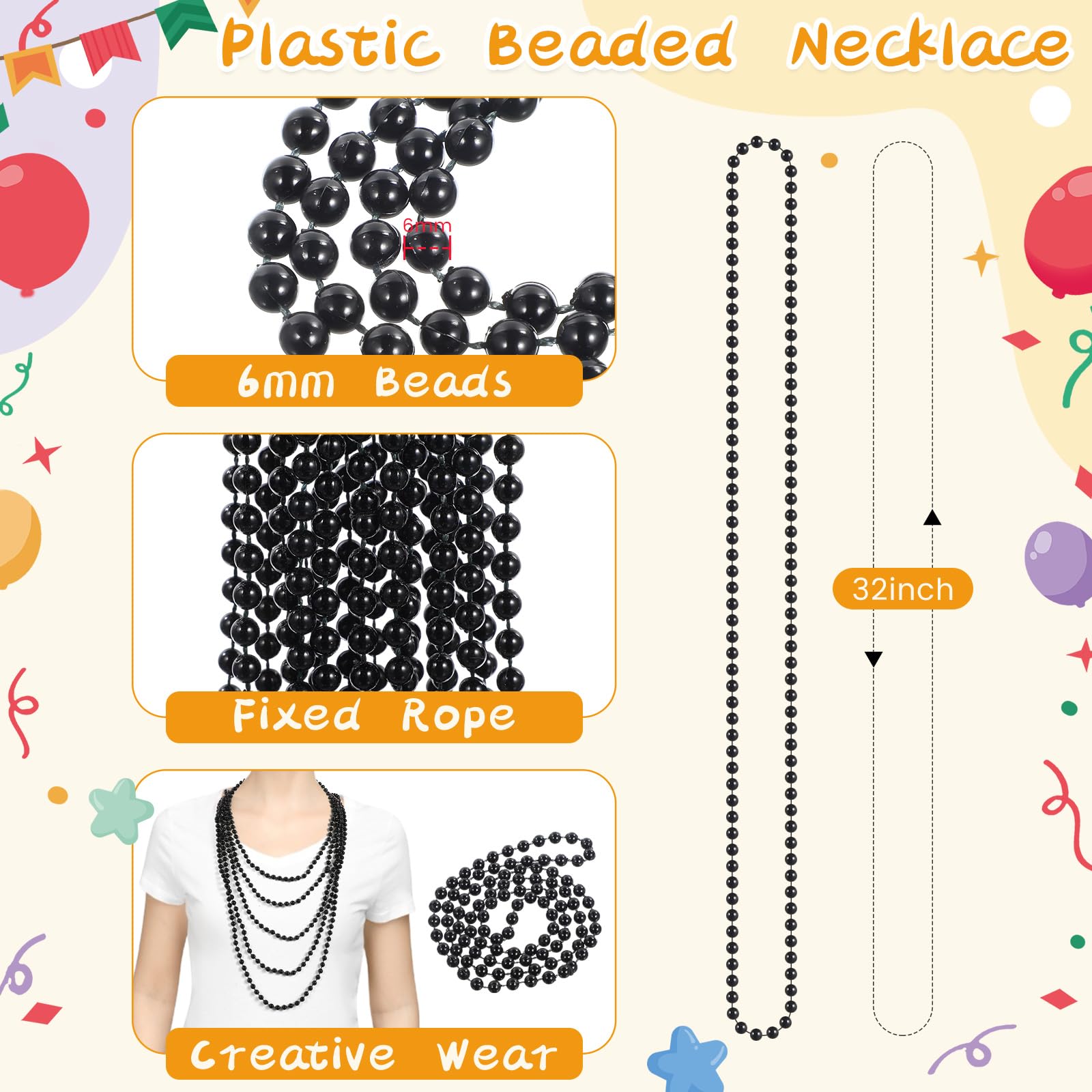 Landical 120 Pcs Mardi Gras Black Bead Necklace and 24 Pcs Gangster Gentleman Hats, 1920s Black Party Favors Hats 32