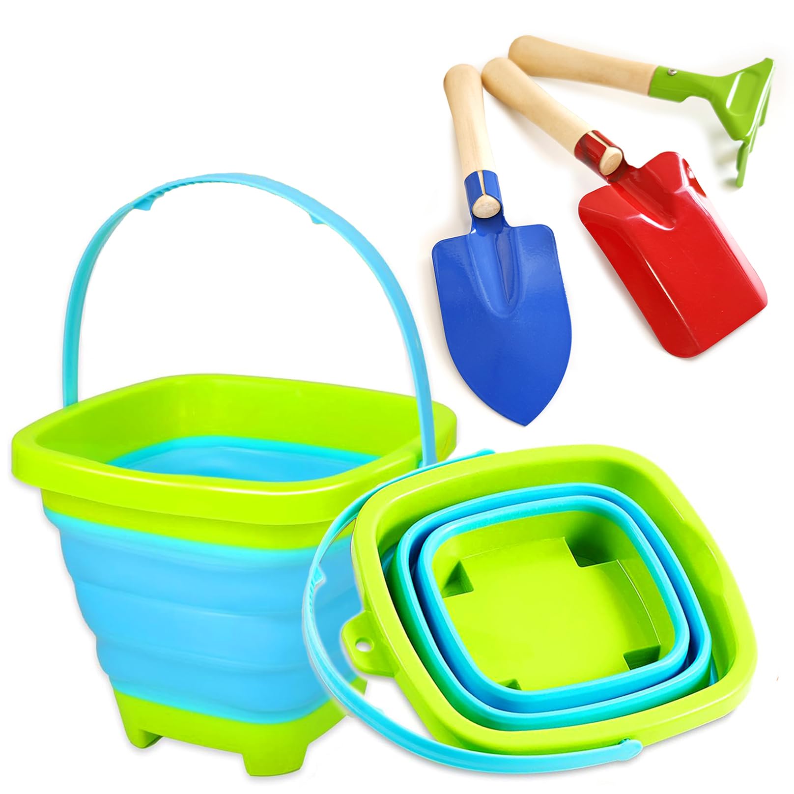 Kids Bucket and Spade Set Kids Gardening Tools Foldable Sand Bucket with Shovels 3 Packs, Collapsible Buckets for Kids Beach & Garden Play