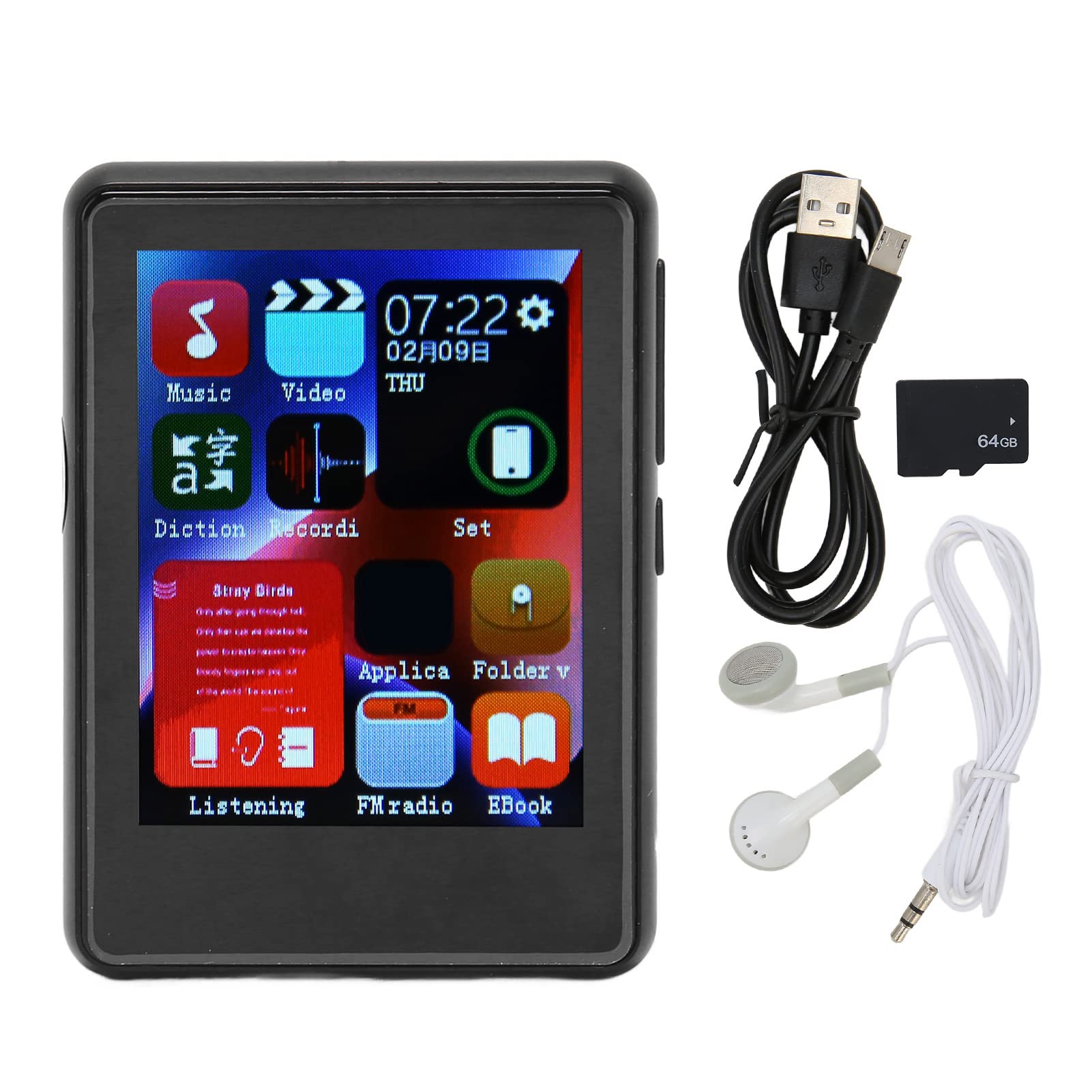 Reproductor de MP3 con Bluetooth, Pantalla Táctil Completa de 2, 4 Pulgadas, Reproductor de MP4 con Altavoz, Reproductor de Música Digital Portátil/Vídeo/Grabación de Voz, Tarjeta Memoria(64GB Negro)