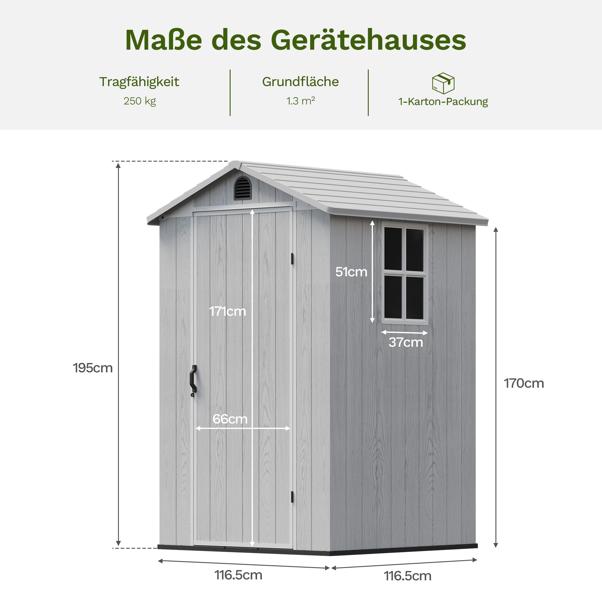 Devoko 4x4 Gartenhaus 2,3m³, Kunststoff, 116x116x195 cm Gerätehaus mit Boden, Geräteschuppen mit Abschließbar Tür und Belüftung, Draußen, Wetterfest für Garten Rasen, Hellgrau