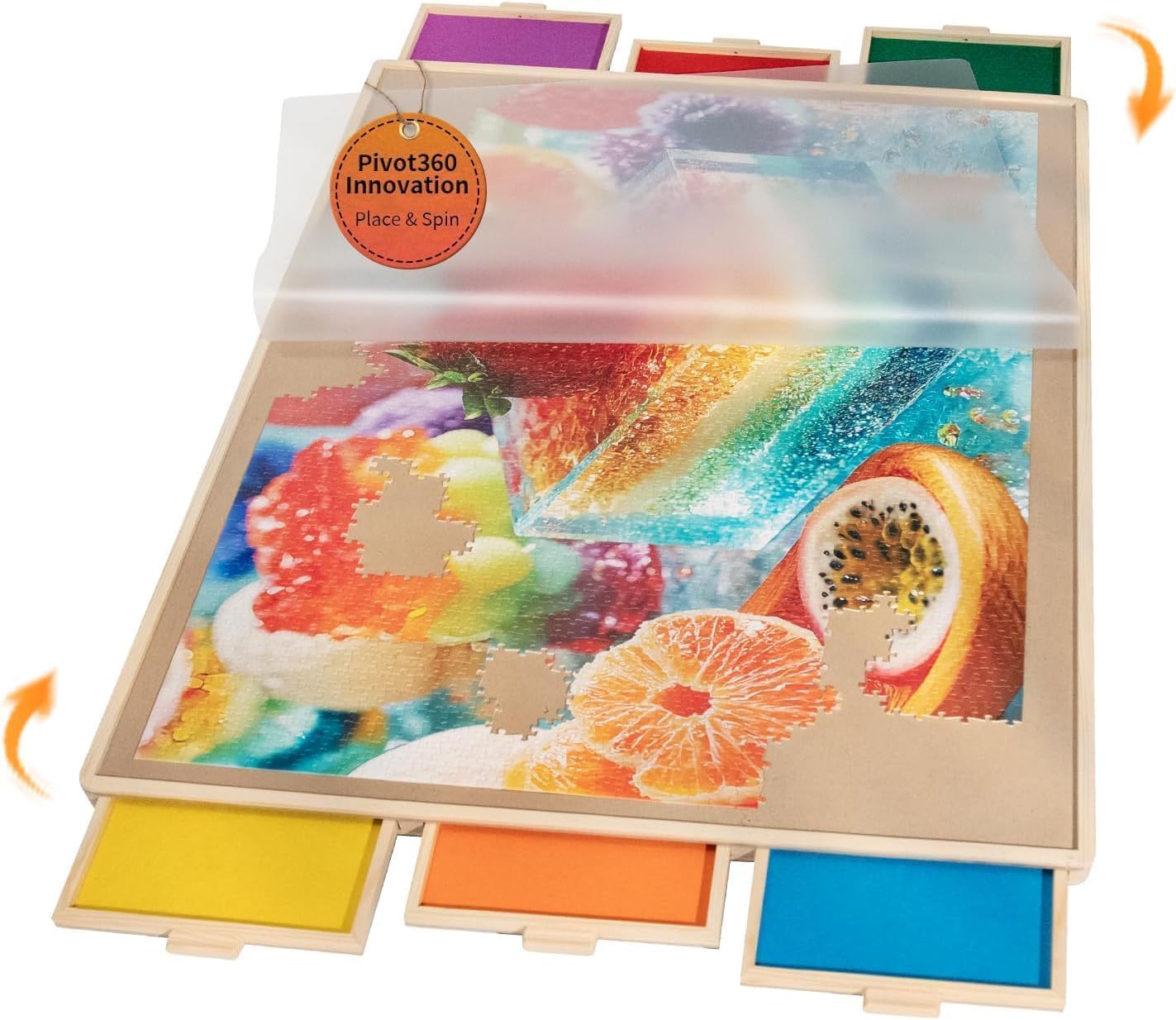 1500 Piece Rotating Puzzle Board Pro, 34" x 26" with 6 Drawers, Rubber Cover Mat, 360° Lasy Susan, Sort-Wise Colorful Felt Drawers & 4 Trays, Wooden Jigsaw Puzzle Table, Birthday Gifts for Mom