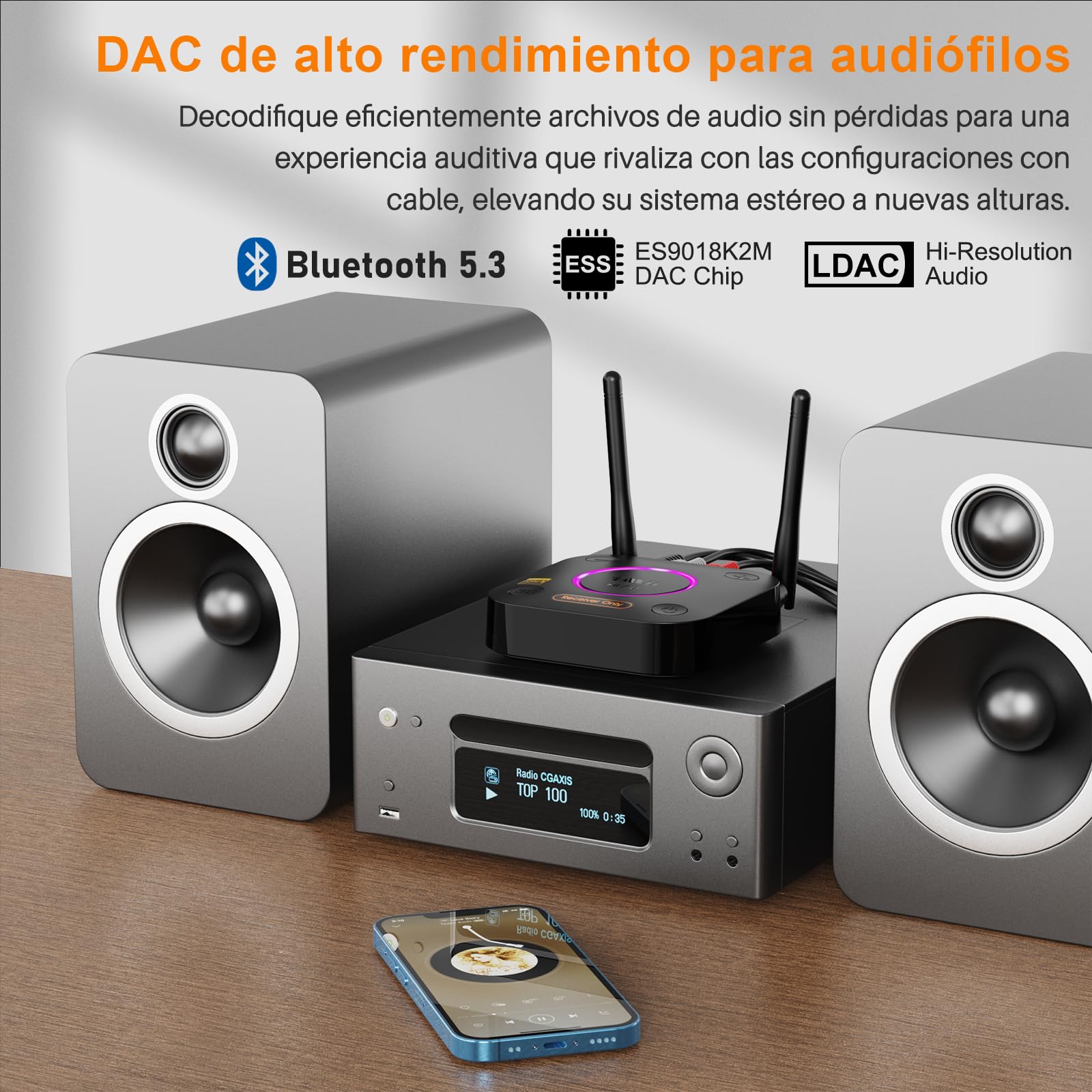 1Mii B06Ultra Receptor Bluetooth 5.3 HiFi, Hi-Res LDAC Adaptador Bluetooth Audio con ESS DAC Audiofilo, 3D Surround, aptX HD y Baja Latencia, Salida Óptica/Coaxial/AUX 3.5mm para Estéreo, Amplificador