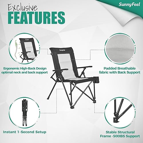 Miniatura 5 de SUNNYFEEL Silla ergonómica de campamento con respaldo alto, silla plegable resistente de 500 libras, silla de campamento portátil resistente a los