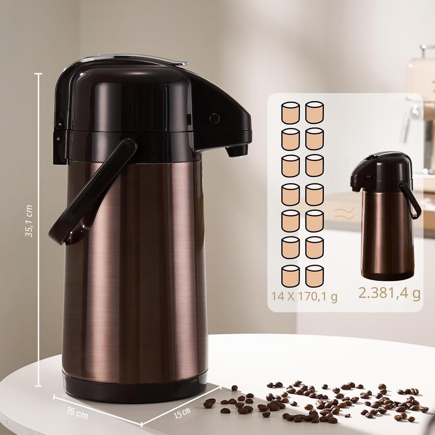 ParaCity Verbesserte Airpot-Kaffeekaraffe 2,5 l mit Doppelpumpe, 316 Edelstahl Isoliert, Drehbarer Lazy Susan Boden, Für Heiße und Kalte Getränke