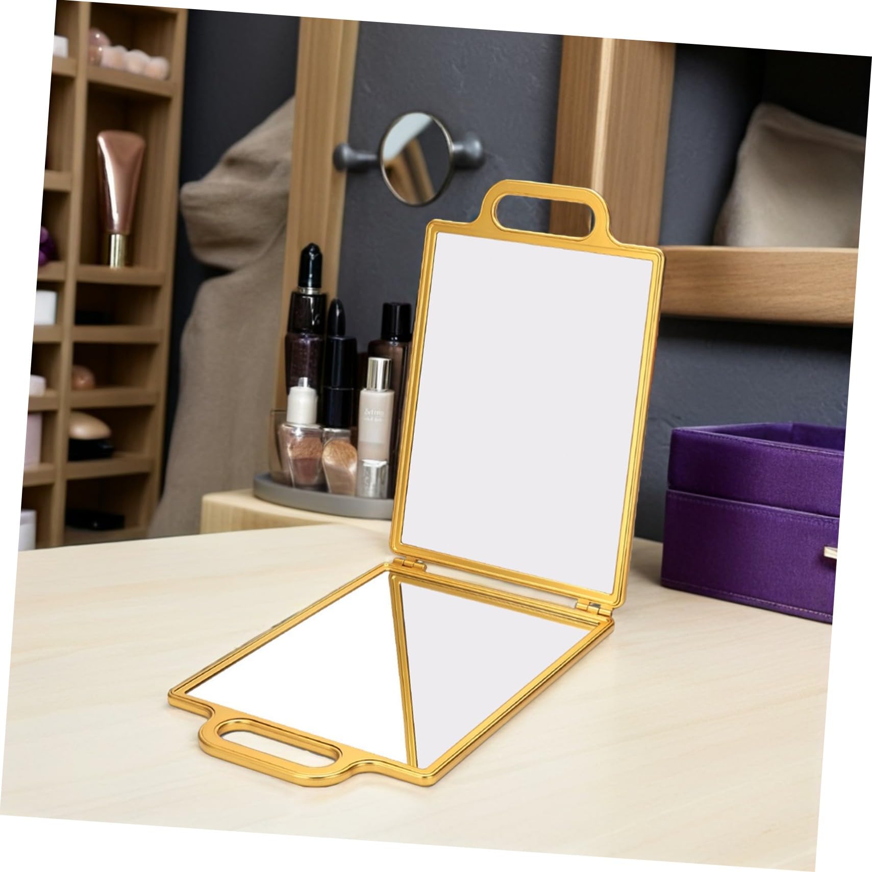 Klappbarer doppelseitiger Friseurspiegel Gold Tragbarer Handspiegel mit Präziser Abbildung Leichtes Robustes Design für Hairstyling Rasur Make-up für Friseure und Reisen